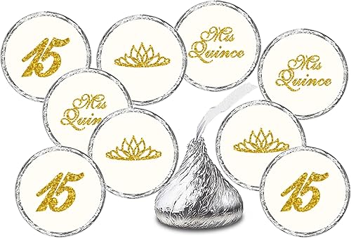 Mis membrillo dorado besos adhesivos (juego de 216), etiquetas de gotas de chocolate de quinceañera, 15 recuerdos de decoración de fiesta para