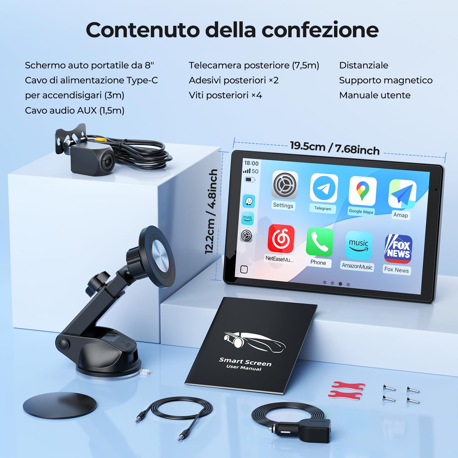 Schermo Portatile 8'' per Apple CarPlay e Android Auto, Display HD 1440x900, Supporto Magnetico, Aggiornamenti OTA, Telecamera di Retromarcia, Bluetooth, Controllo Vocale, Navigazione GPS