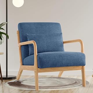 Modern Accent Chair with Pillow, Upholstered Mid-Century Accent Armchair, Comfy Wide Seat Reading Side Chair Adult with Solid Wood Legs for Small Spaces Living Room Bedroom Balcony Blue