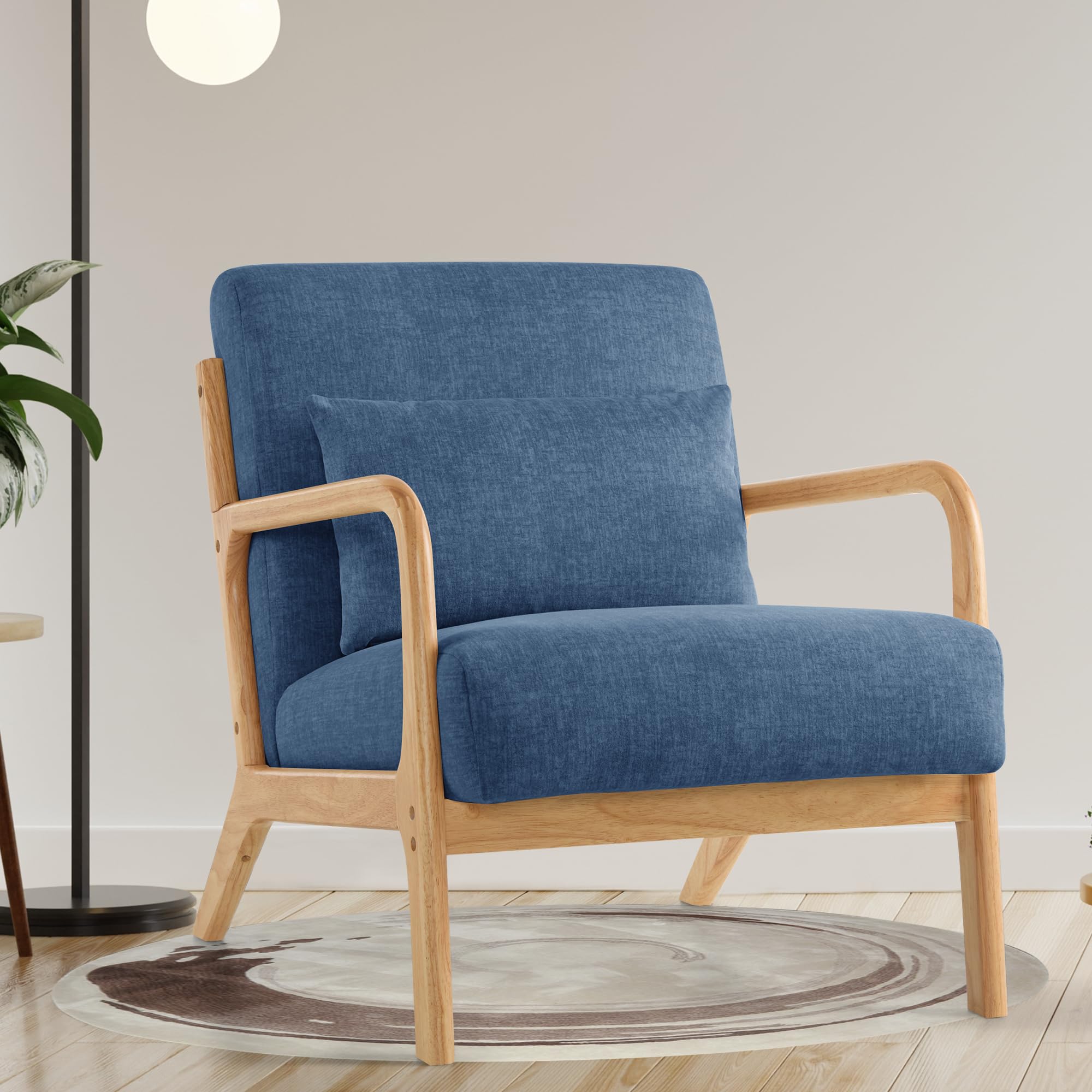 Aunekiv Midcentury Modern Accent Chair Living Room Armchair with Pillow, Upholstered Comfy Reading Chair with Solid Wood Frame for Small Spaces Bedroom Apartment Balcony, Blue