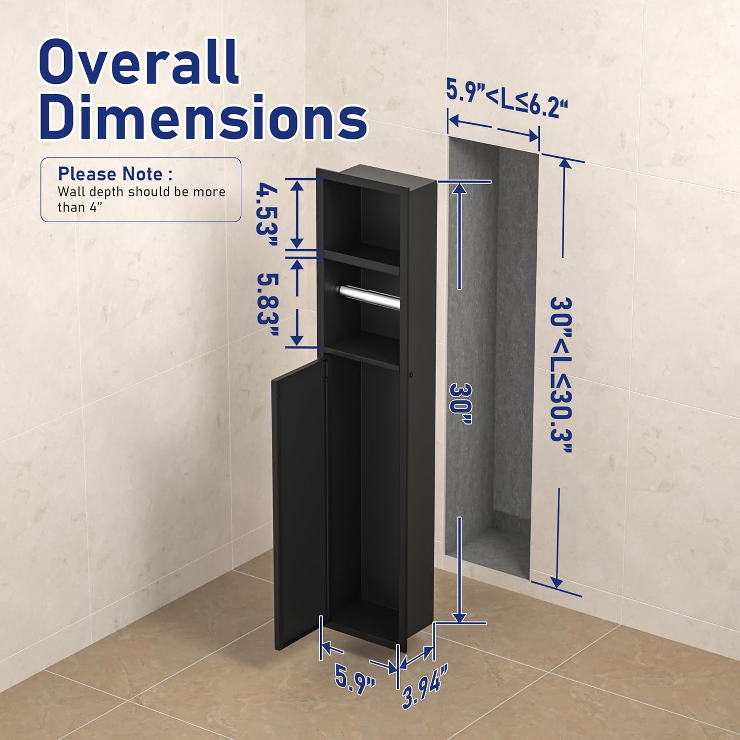 in Wall Toilet Paper Niche w/Shelf, Recessed Toilet Roll Holder for Bathroom Remodeling, 304 Stainless Steel Covered Brush Holder (Matte Black)