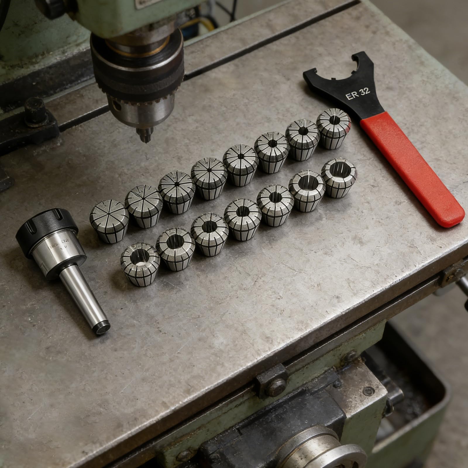 Set di pinze ER32 MT2, 19 pezzi, 2-20 mm, di precisione, con valigetta | 0,015 mm di precisione, con valigetta per il trasporto, design a scatto automatico, trattamento termico e rettifica fine