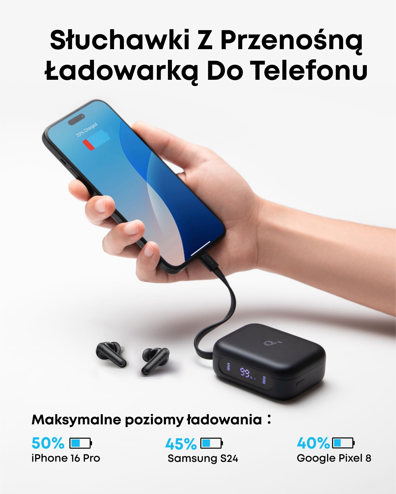 Soundcore Słuchawki douszne P41i by Anker z adaptacyjną redukcją szumów i wbudowanym kablem USB-C, 192-godzinny czas odtwarzania, wciągający dźwięk (Czarny. Bez adaptera Lightning)