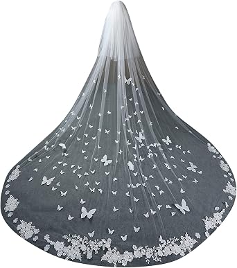 Lace Wedding Veils Cathedral Butterfly Floral Appliqeus 2 Tier for Bride Blusher with Comb