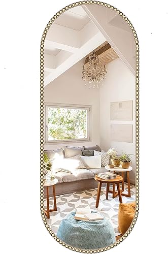 Espejo ovalado dorado de longitud completa para baño, espejo de latón antiguo con cuentas de 16 x 48 pulgadas para decoración de pared, espejos de