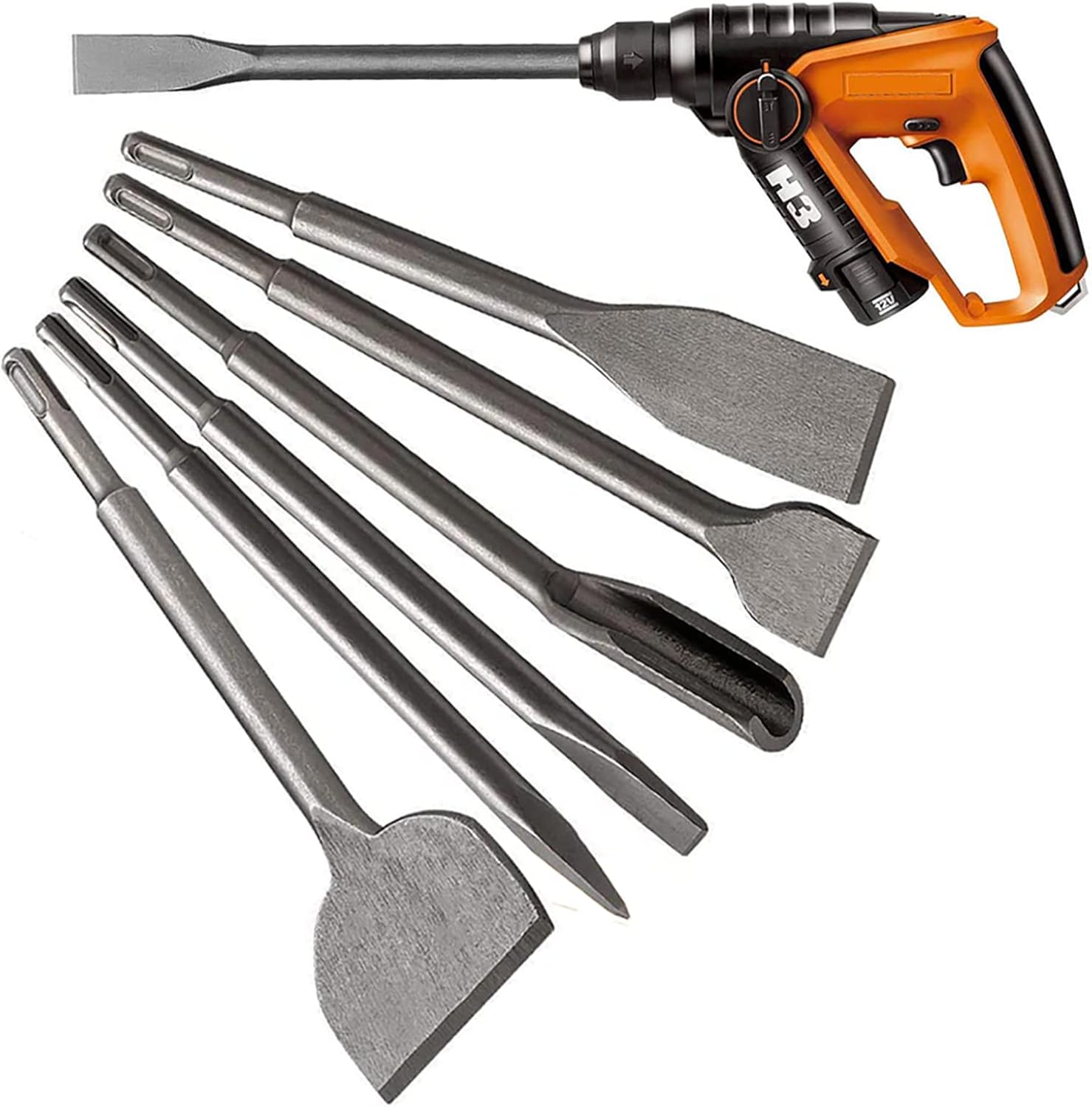 SDS Plus Hammer Drill Chisel Set, Rotary Hammer Bits Set Including Tile Grooving Scrapping Flat Point Scaling Chisel for Tile Masonry Concrete Brick Stone Work