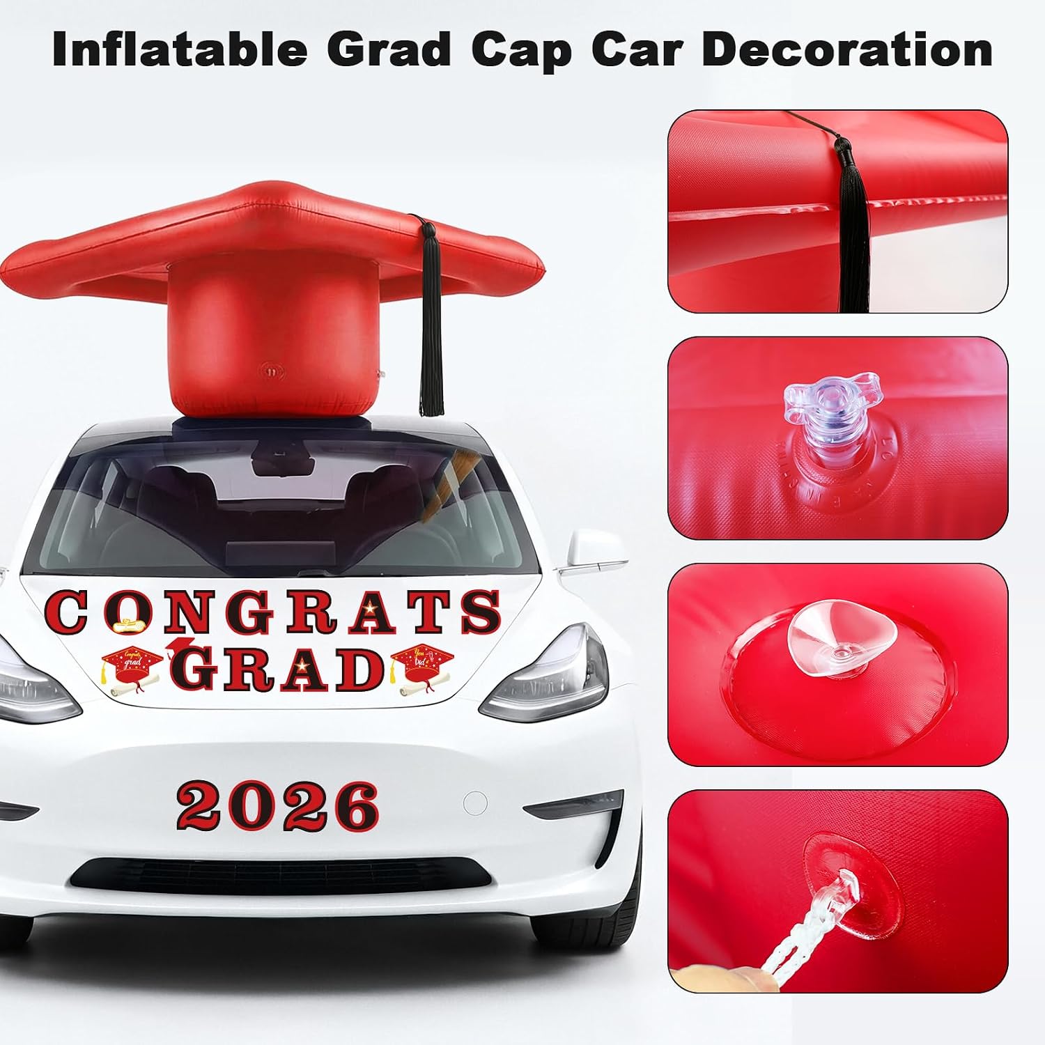 2026 Graduation Car Decorations, 27" Large Inflatable Car Cap, Red