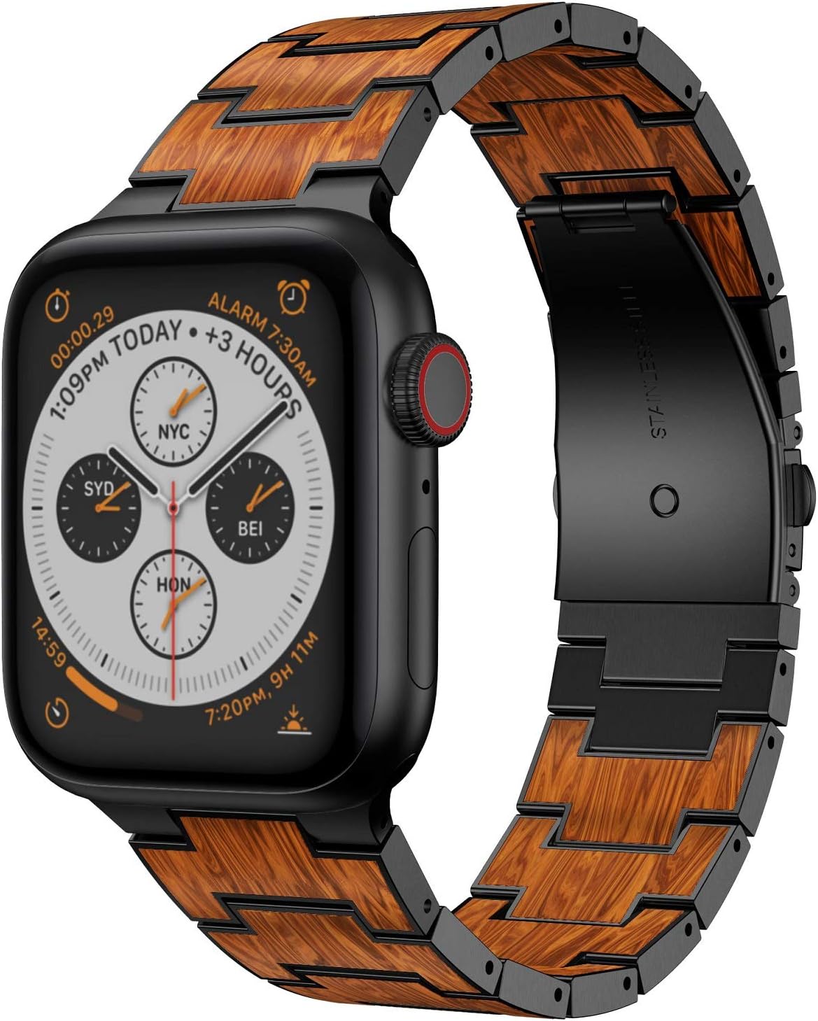 Promo 40% OFF AWMES Compatible for Apple Watch Band 42mm 44mm, Natural Wood Red Sandalwood Stainless Steel Metal Strap Replacement Band for iWatch Bands Compatible for Apple Watch Series 6/5/4/3/2/1 (Black)