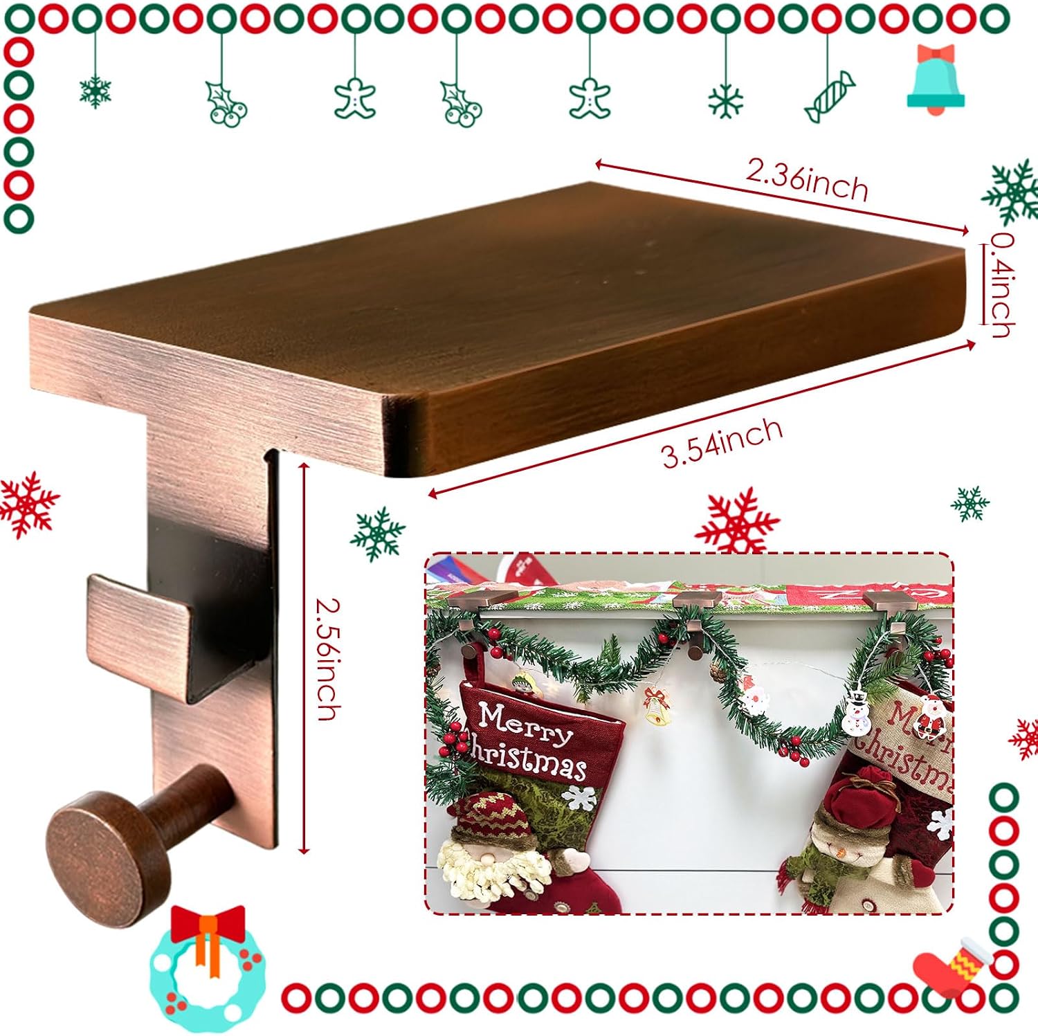4Pcs Garland Hangers for Mantle, 2 in1 Mantle Weighted Christmas Stocking Hanging Hooks Stocking Holder with Double Sided Tape -Each Mantle Holder Has Two Hooks for Dual Purpose (Vintage Bronze-4 Pcs)