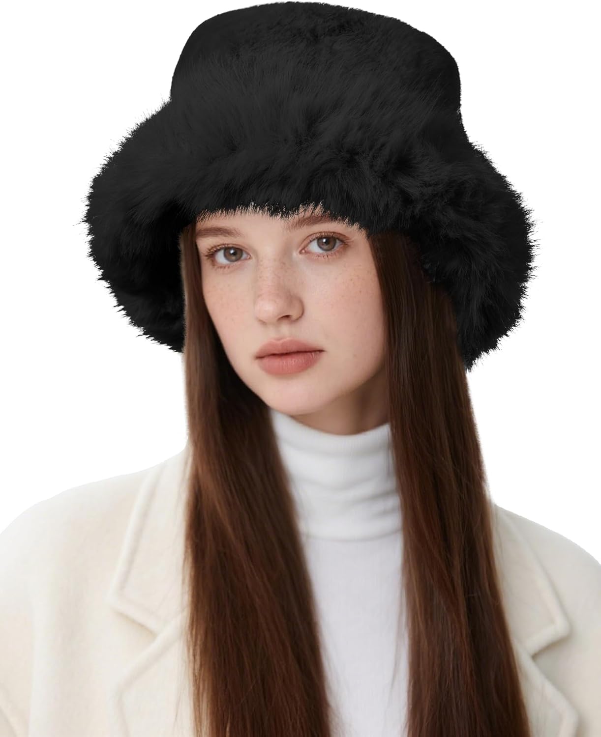 BFONS Fuzzy Bucket Hat for Women Russian Winter Wide Brim Fluffy Faux Fur Plush Warm Hats Cute Snow Fisherman Cap