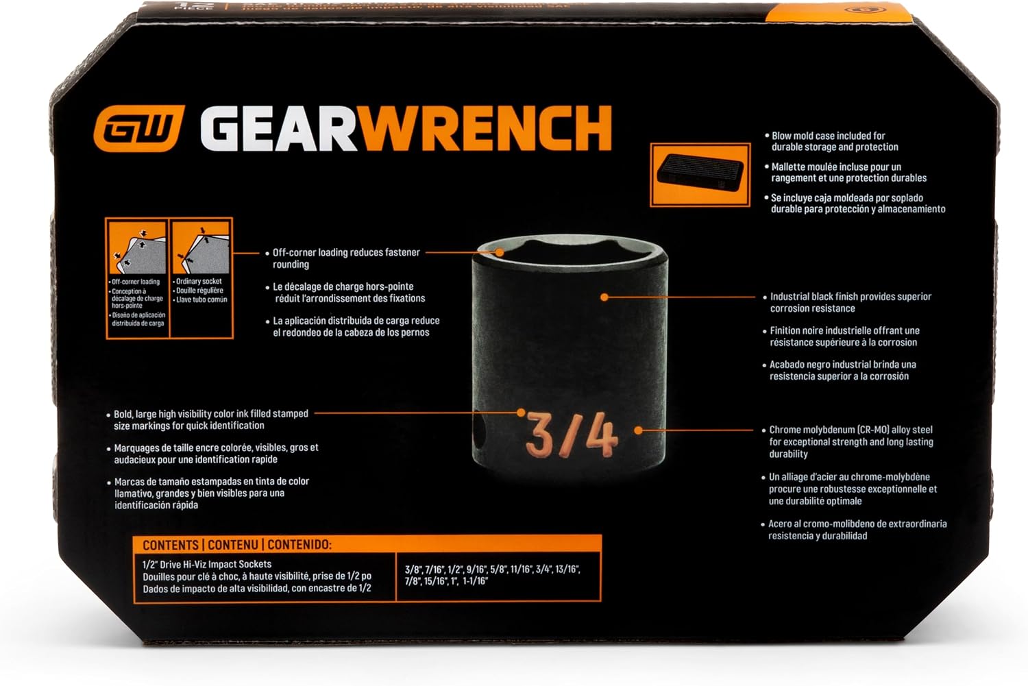 GEARWRENCH 12 Piece 1/2" Drive 6 Point SAE Hi-Viz Impact Socket Set | 84931H