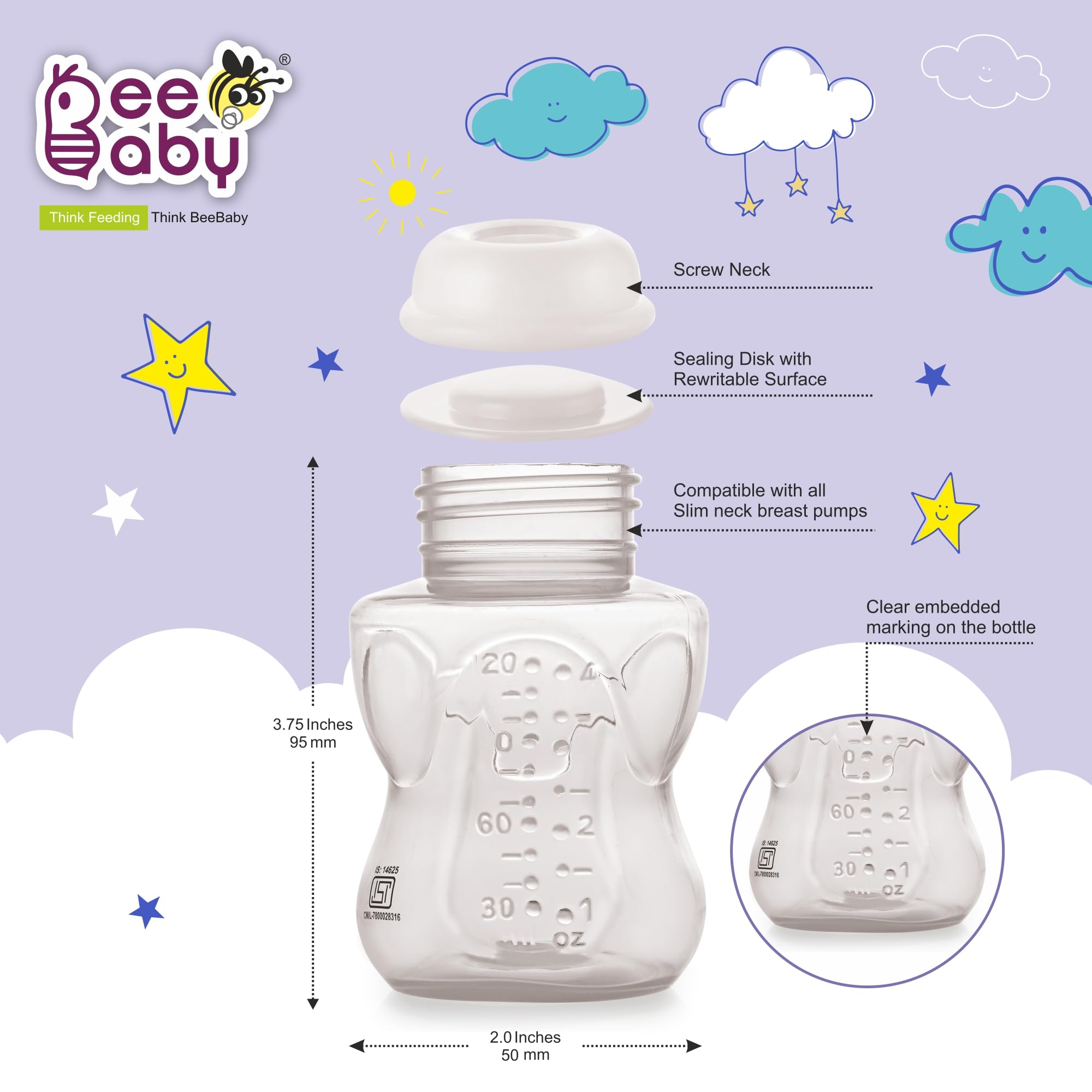 BeeBaby Pump N Protect Breast Milk Storage Bottles β Pack of 4 | Pump & Store Milk Collection Bottles for Breastfeeding Moms | Compatible with Most Manual & Electric Breast Pumps | 100% BPA Free (Slim Neck - Pack of 4) 2
