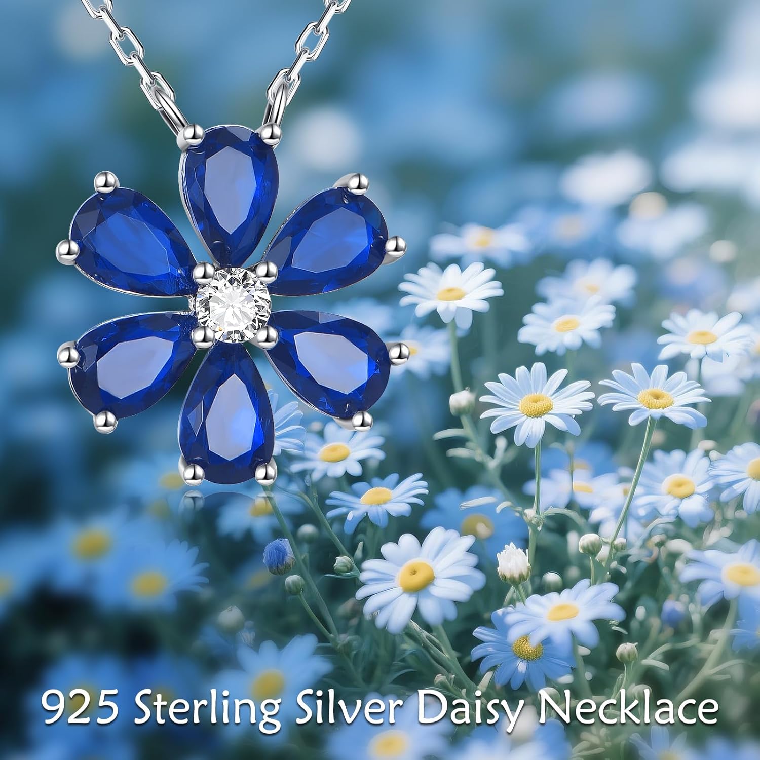 Lab Grown Blue Sapphire Flower Necklace Sterling Silver Blue Dasiy Flower Necklace Jewelry Gift for Women