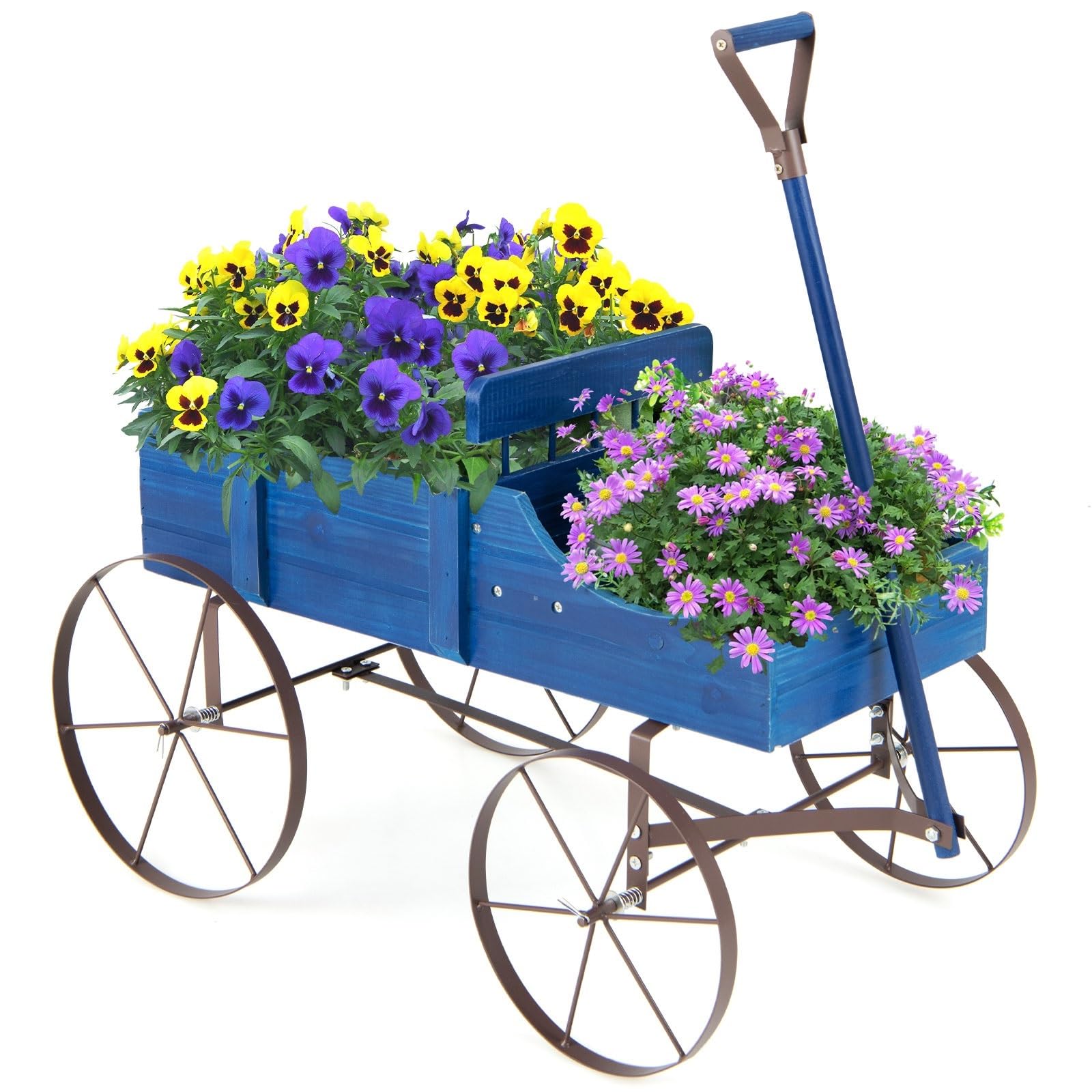 COSTWAY Garden Wagon Planter, Decorative Flower Pot Stand with Handle and Wheels, Wood Plants Holder Yard Tool Cart for Outdoor Indoor (Blue)