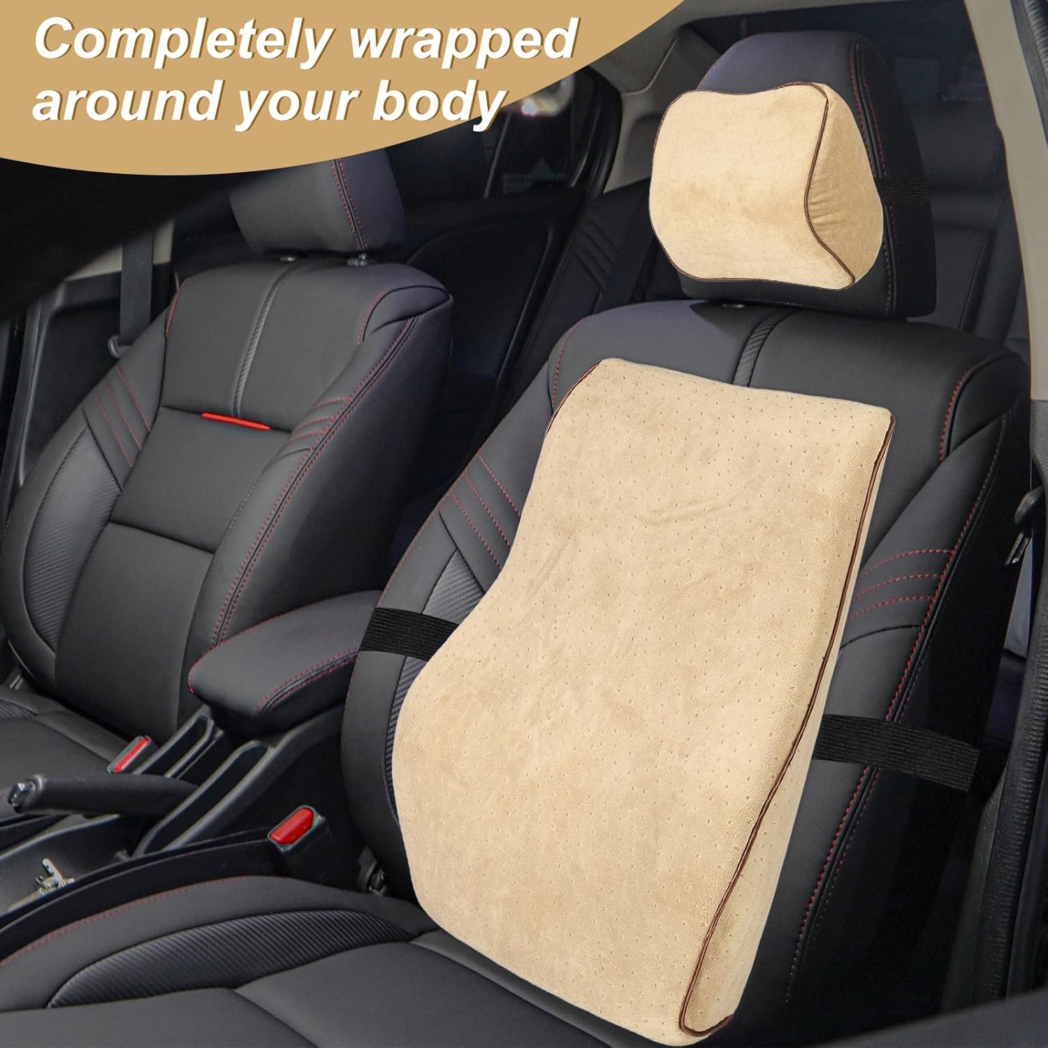 HARFINGTON Car Headrest & Lumbar Support Pillow Kit Memory Foam Ergonomic Seat Headrest & Lumbar Cushion for Driving Home Office Car Seat, Camel