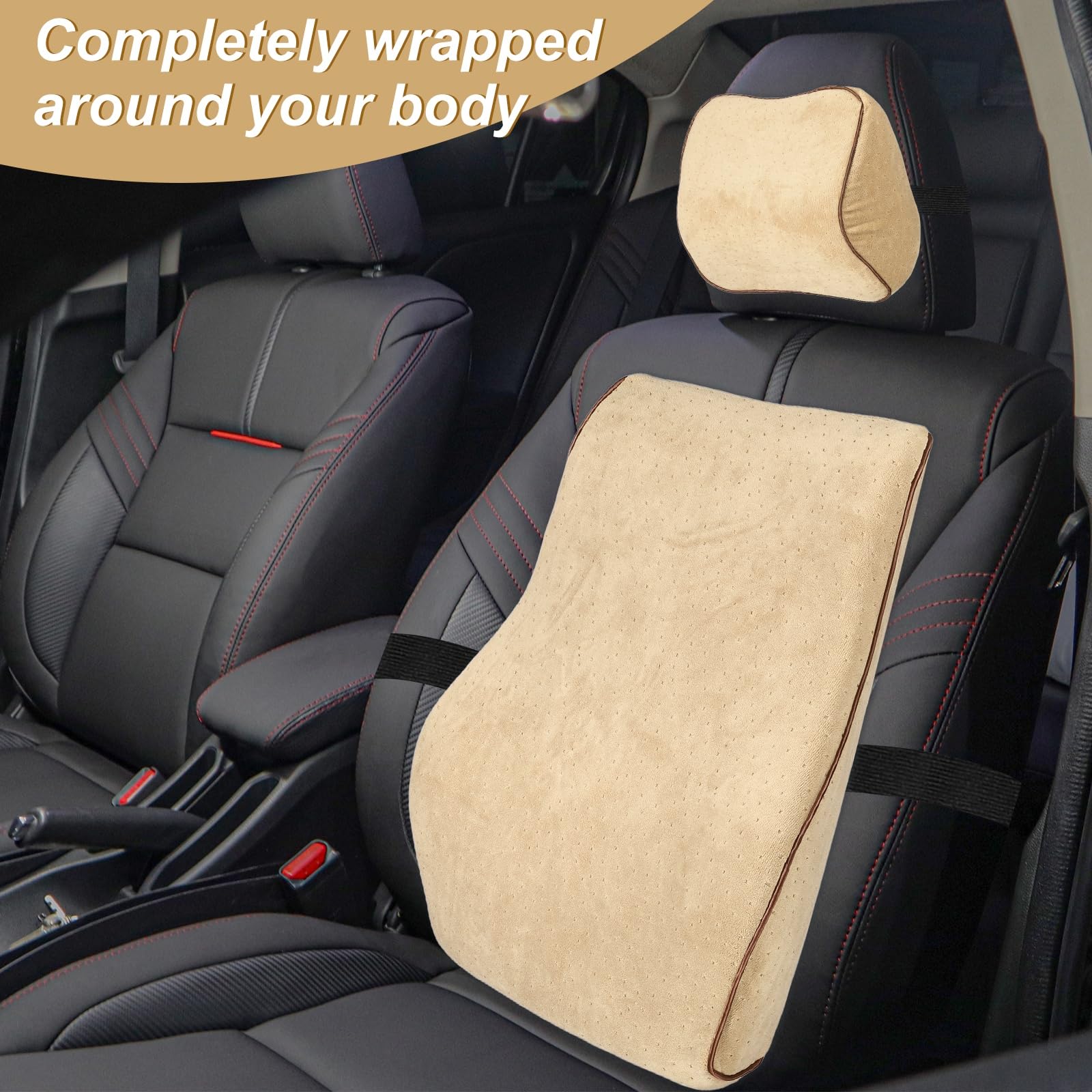QUARKZMAN Kit Cuscino Ergonomico Per Testiera E Supporto Lombare In Memory Foam Per Auto Ufficio E Casa, Camel