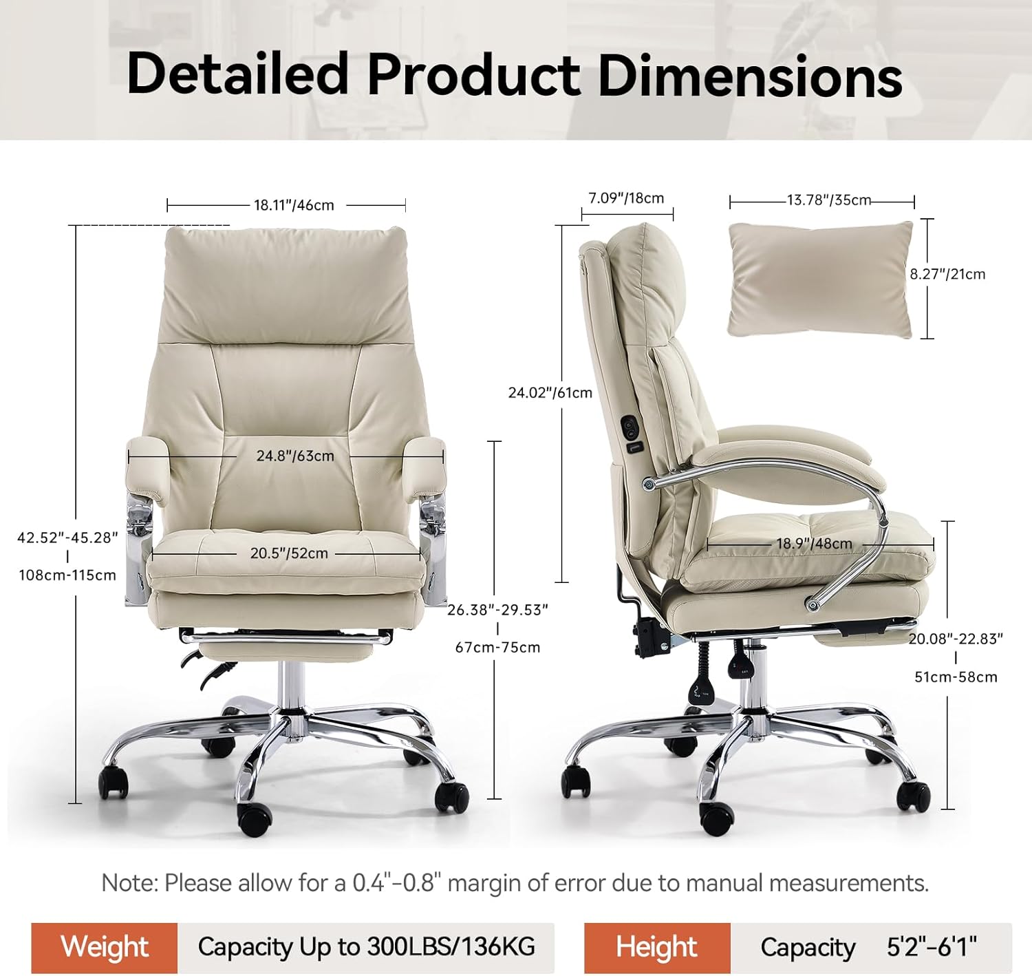 Detailed product dimensions of the LEAGOO office chair, showing height, width, and depth measurements.