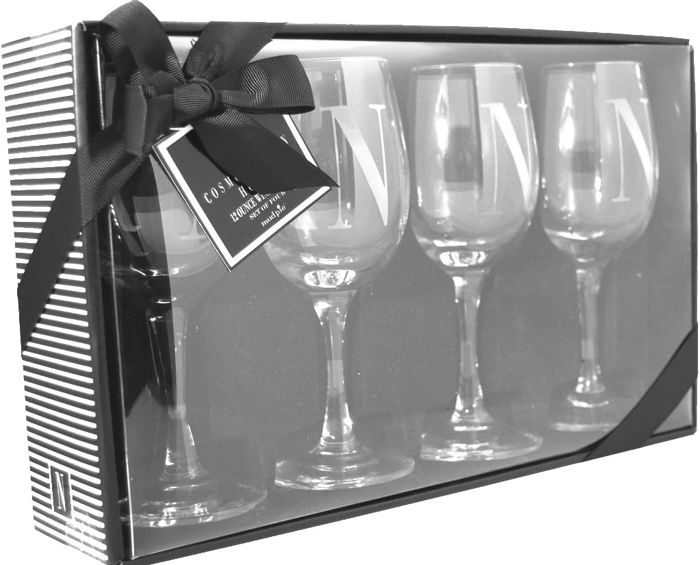 Cosmopolitan Home by Mud Pie, Set of 4, 12 Ounce Stemmed Wine Glasses with Monogrammed K