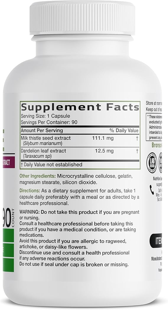 Bronson Milk Thistle Silymarin Marianum & Dandelion Extract Liver Health Support, Antioxidant Support, Detox, 90 Capsules