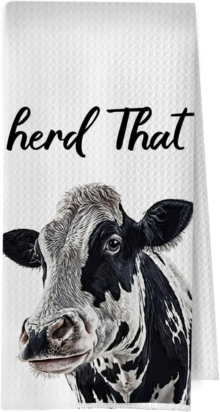 Funny Cow Kitchen Decor - Cow Gifts for Women Waffle Dish Towels for Kitchen Decor, Rustic Farmhouse Hand Towels, Funny Farmhouse Animal Tea Towel, 16x24 Inch