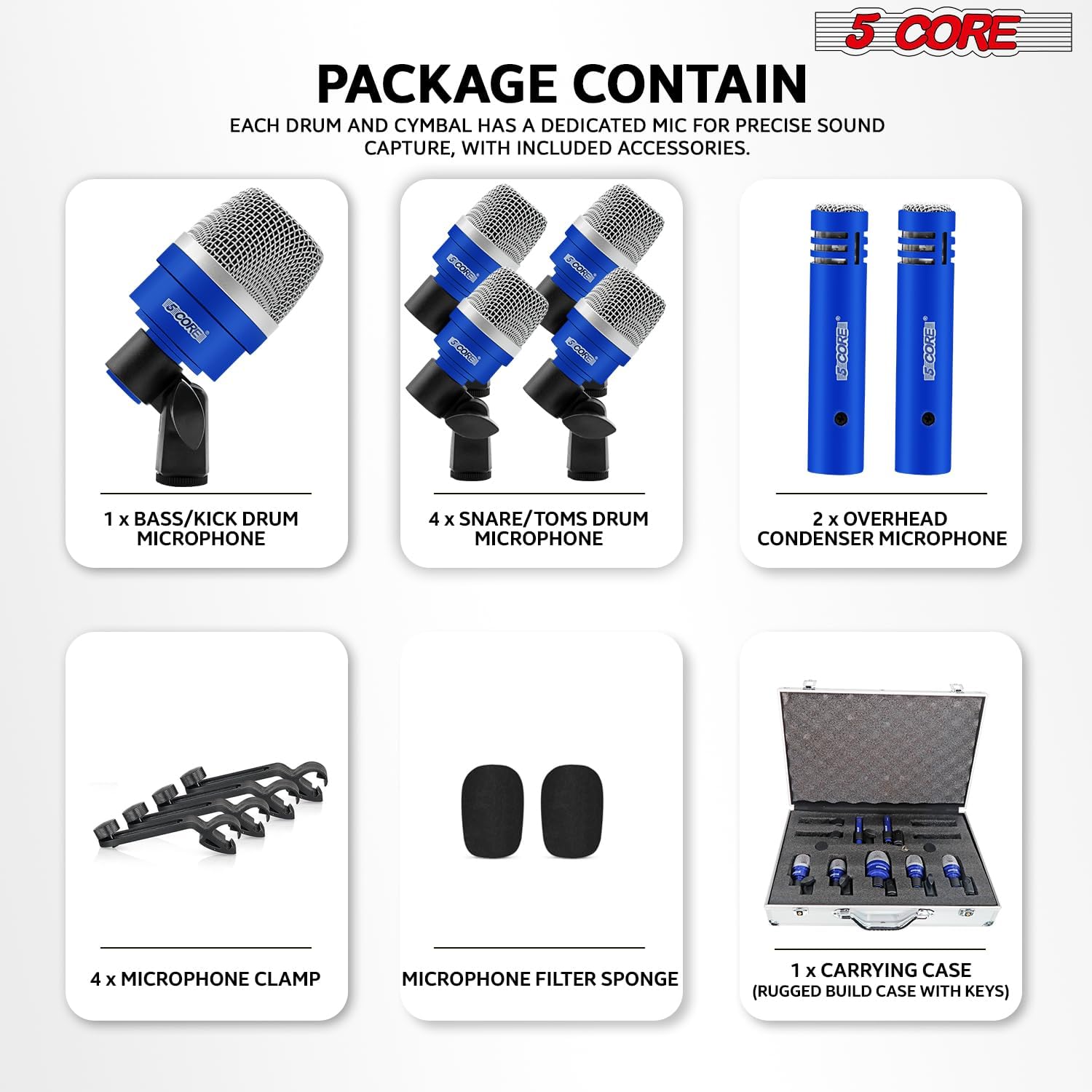 5 CORE Drum Microphone Kit 7 Piece All Metal Drummer Mics Instrument Set Professional Microfonos for Kick Bass Tom Snare Cymbals Blue - DM 7ACC BLU