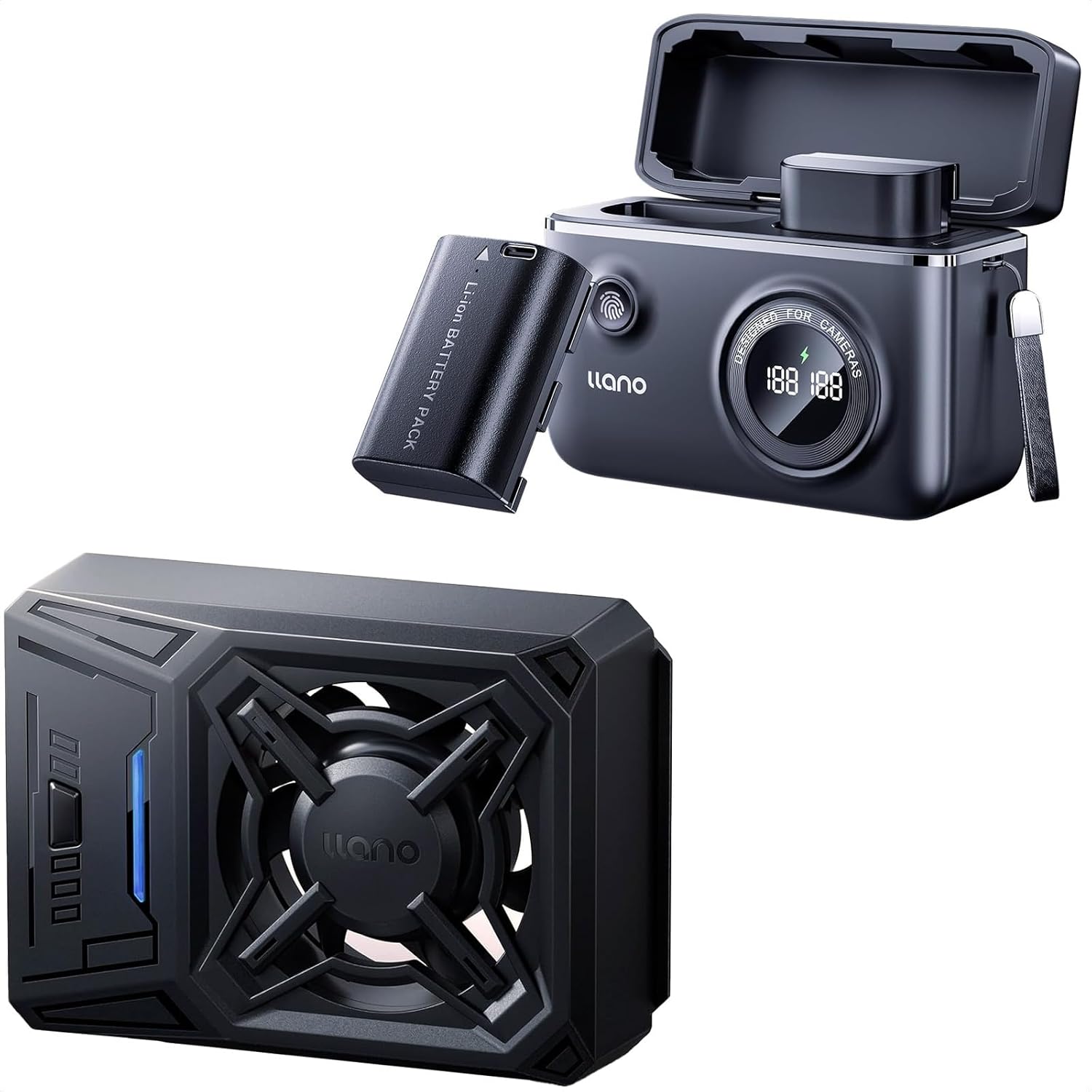 llano 2 Pack 2400mAh LP-E6NH Batteries with USB-C Port, Dual Slot Battery Charger, and Camera Cooling Fan