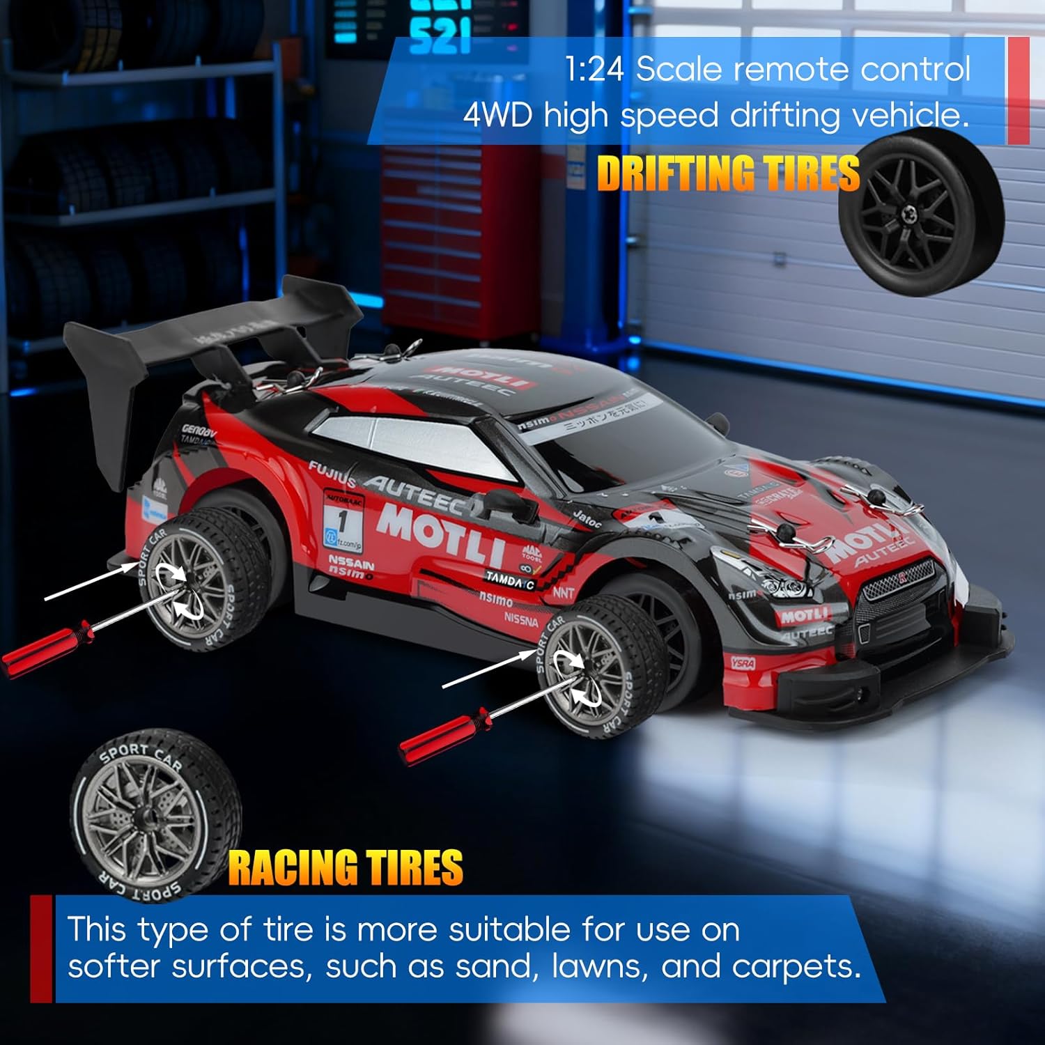 RC Drift Car, 1:24 Scale Remote Control Drift Cars, 2.4GHz 4WD Drifting Cars, 30km/h High-Speed RC Race Car Vehicle, Racing Sport Toy Ideal Gift for Boys Girls Kids