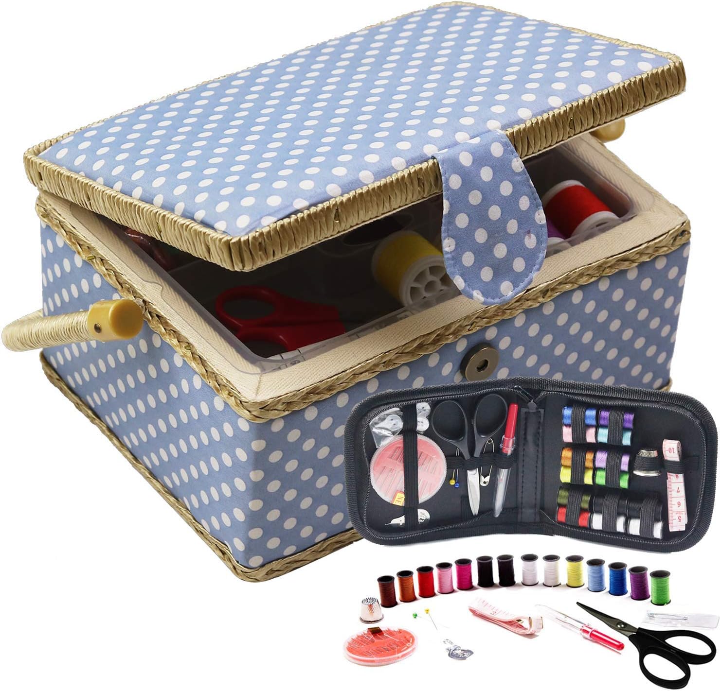 D&D Sewing Basket with Sewing Kit, Sewing Box Organizer with Accessories, Sewing Supplies Storage with Sewing Tools Set (Blue, Medium)