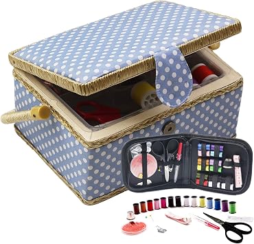 D&D Sewing Basket with Sewing Kit, Sewing Box Organizer with Accessories, Sewing Supplies Storage with Sewing Tools Set Blue, Medium