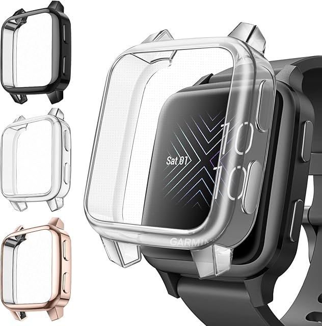 Fintie 3-pak etui ochronne na ekran, kompatybilne z Garmin Venu Sq / Venu Sq Music, miękkie etui ochronne z tworzywa TPU, odporne na zarysowania, czarne, przezroczyste, różowe złoto
