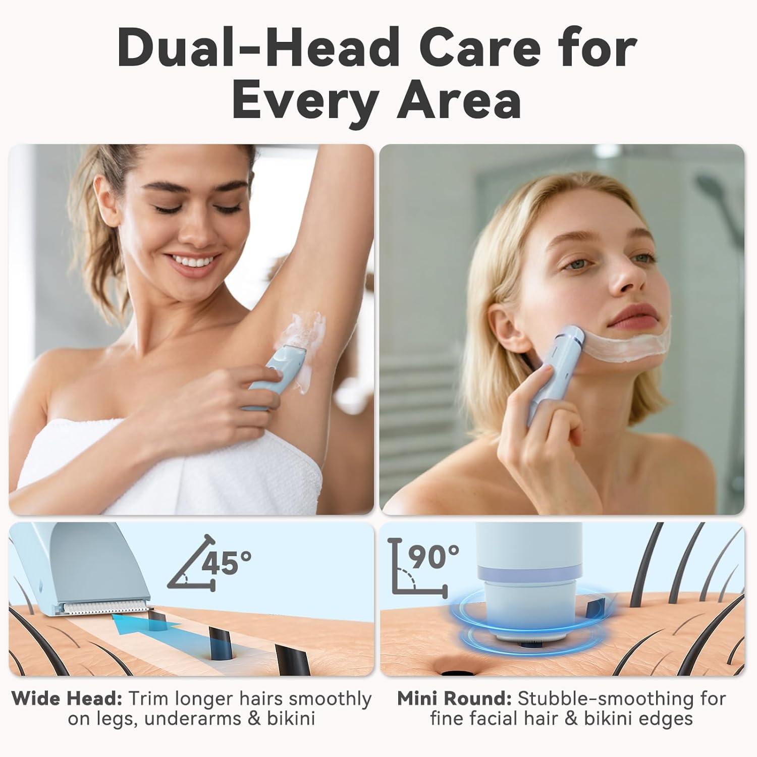 2-in-1 Bikini Trimmer for Women – Dual Head Electric Shaver for Pubic, Facial & Body Hair, IP67 Waterproof Razor with Stainless Steel Blades & Rechargeable Battery (Petal Pink + Sky Blue)