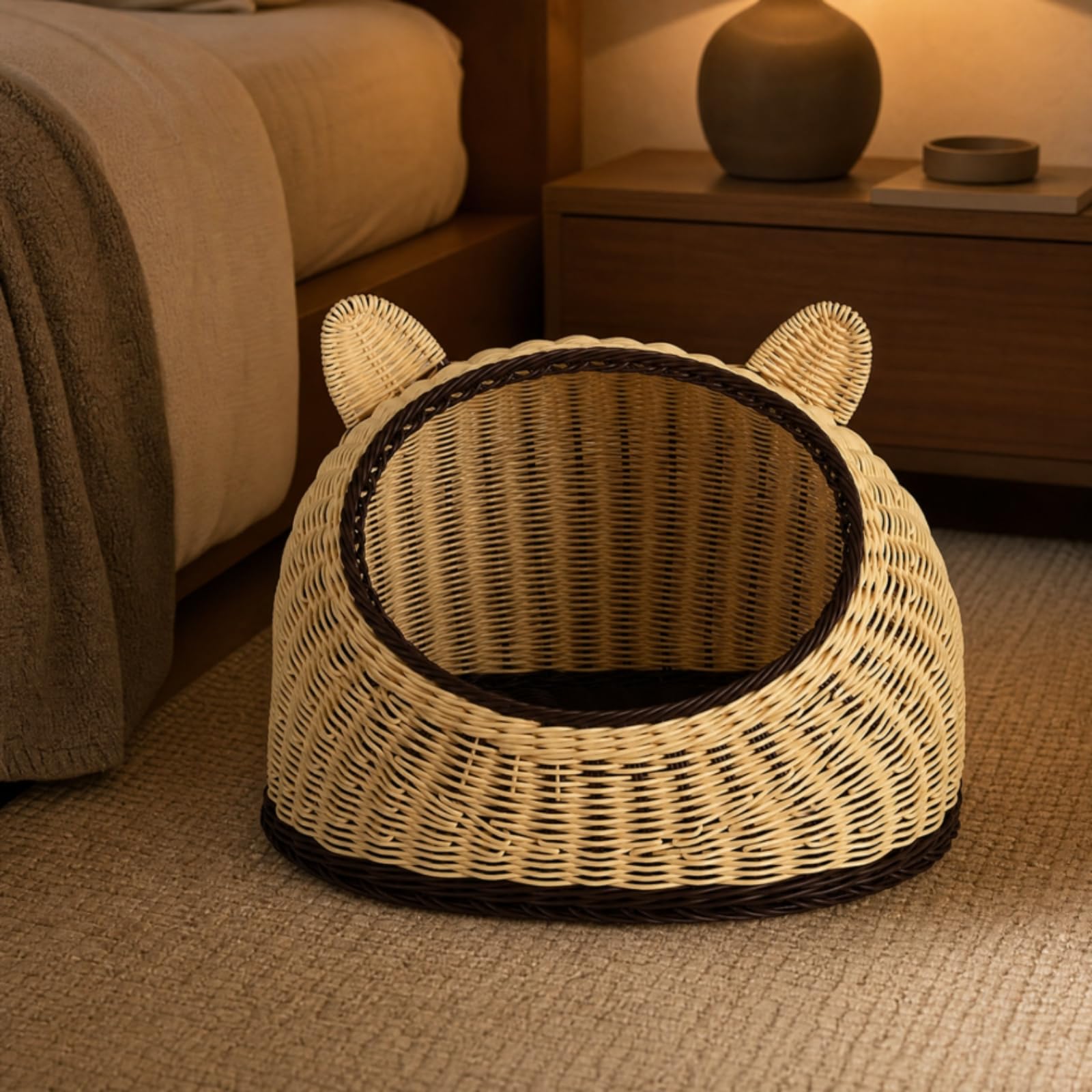 Tejido para con Entrada Frontal y Laterales Elevadas Cesta Mimbre PP con Diseño Cuna Abierta para Ventilación Refugio Mascota con talles Orejas Acuado, Marrón, L