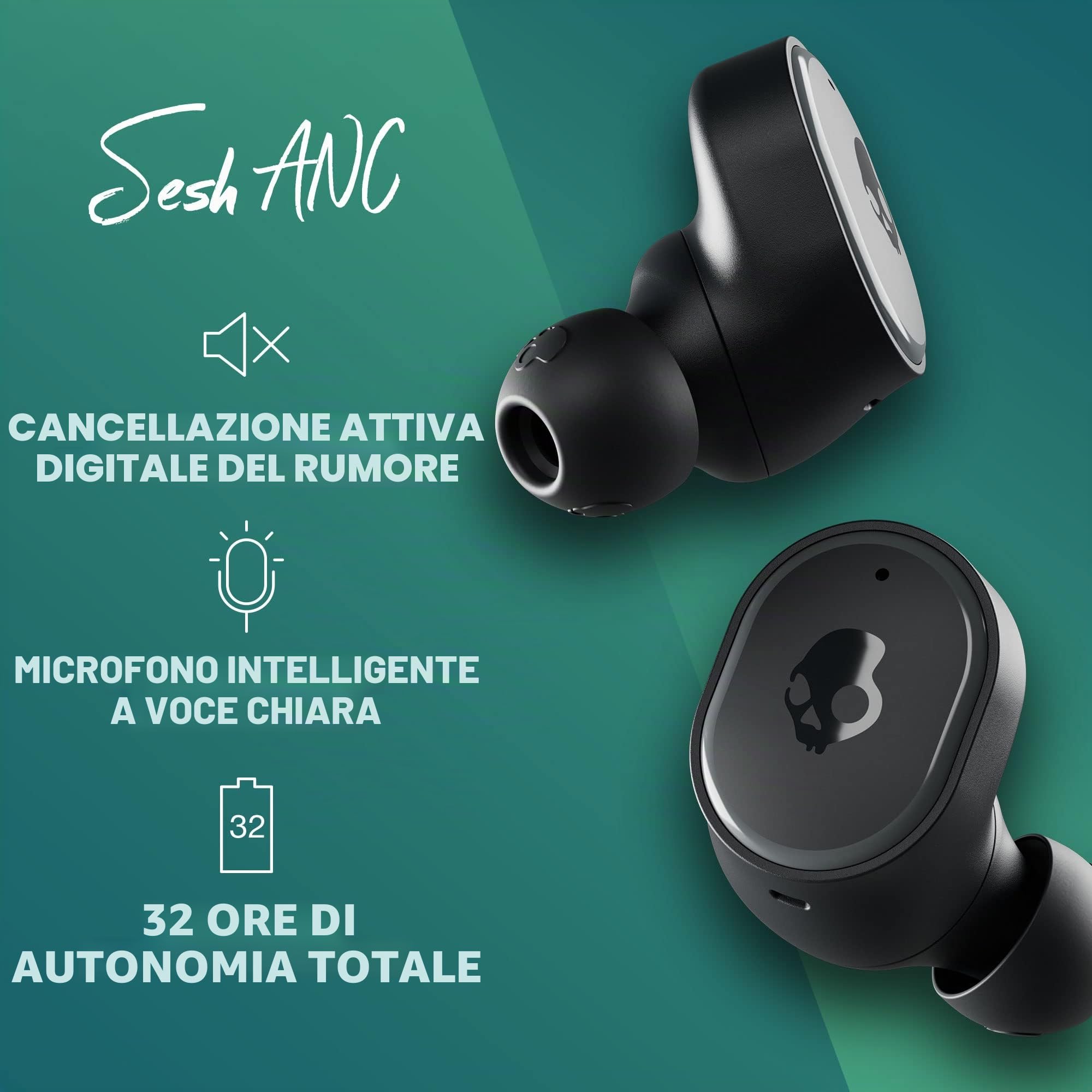 Skullcandy Sesh ANC Auricolari Wireless In-Ear con Cancellazione del Rumore e Microfono, 32 Ore di Autonomia, Compatibili con iPhone, Android e Dispositivi Bluetooth - Nero