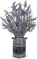 Vista 1 de Flores artificiales de lavanda con jarrón de metal rústico de 17 pulgadas, arreglo de plantas de lavanda sintética en maceta galvanizada, decoración
