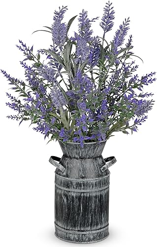 Flores artificiales de lavanda con jarrón de metal rústico de 17 pulgadas, arreglo de plantas de lavanda sintética en maceta galvanizada, decoración