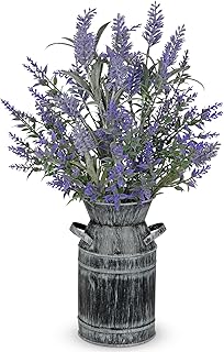 Artificial Lavender Flowers with Rustic Metal Vase 17 Inch Faux Lavender...