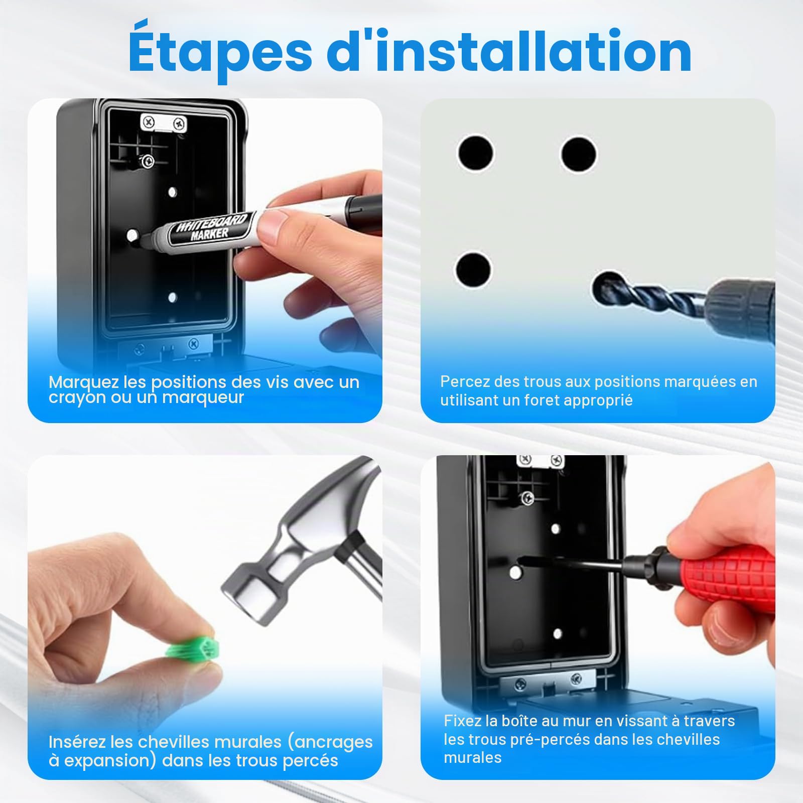 Coffre-fort à clés intelligent – Contrôle par application et code PIN, Bluetooth, empreintes digitales, coffre-fort mural pour clés avec kit de montage, armoire à clés avec couvercle résistant
