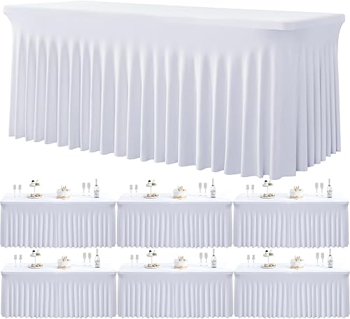 Paquete de 6 manteles de elastano blancos para mesas rectangulares de 6 pies, manteles elásticos sin arrugas de 6 pies, falda de escritorio