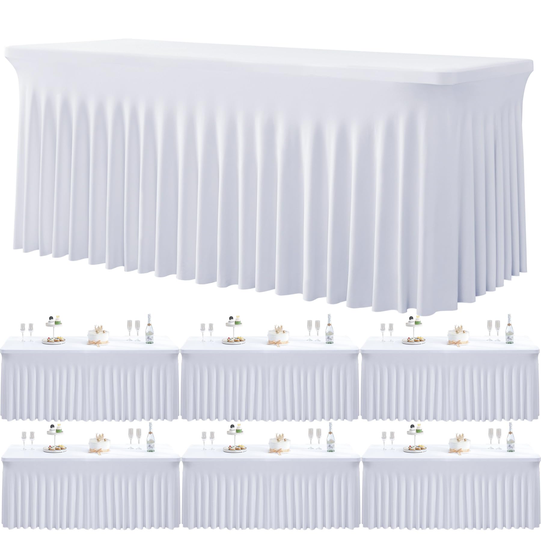 Lot de 6 nappes Blanches en élasthanne pour Tables rectangulaires de 1,8 m, infroissables, Extensibles avec Jupe pour Mariage, fête d'anniversaire, Banquet, fête prénatale