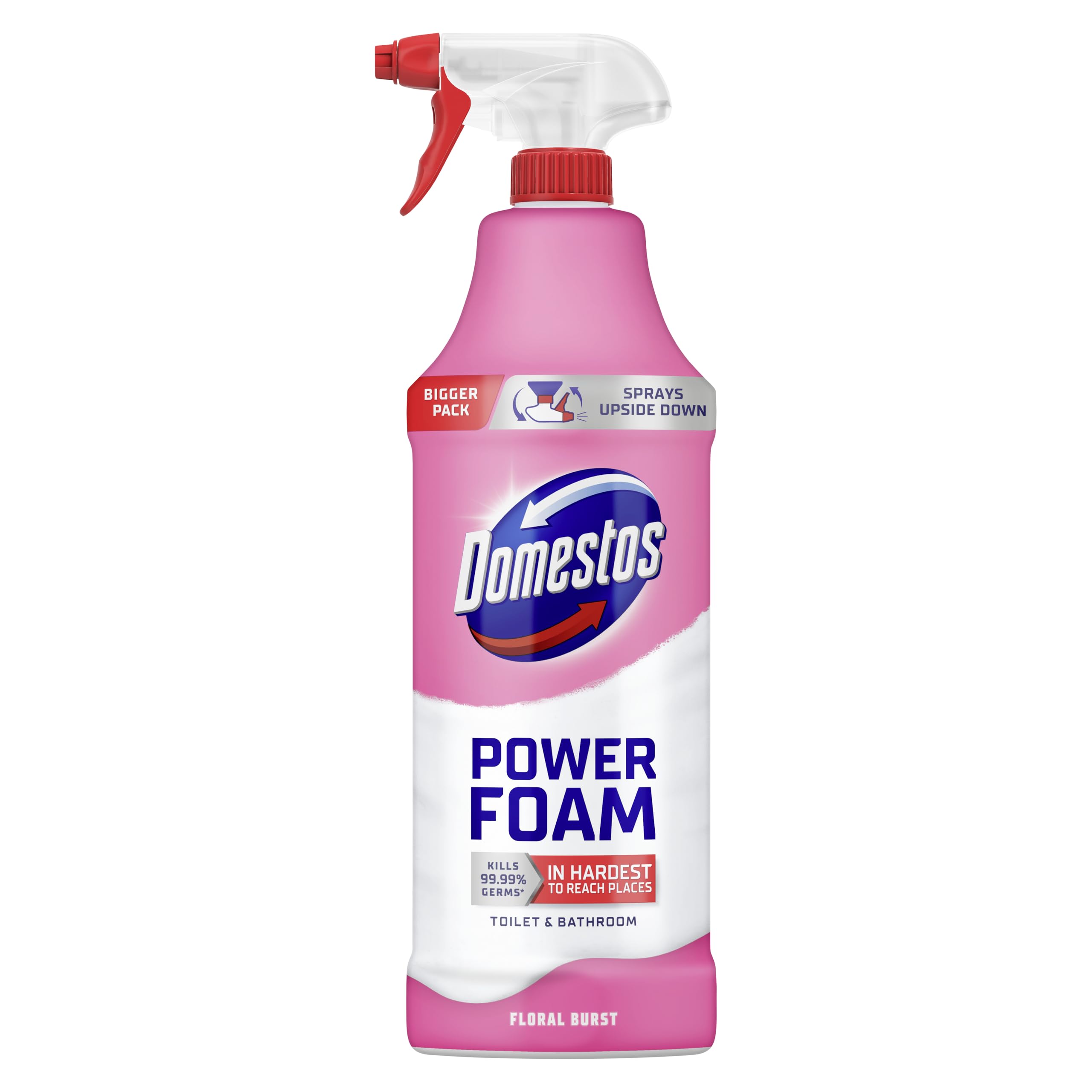 Domestos Power Foam Floral Burst Toilet & Bathroom Cleaner Spray sprays upside down & eliminates 99.99% of germs* for cleaning inside the toilet & around the bathroom 650 ml