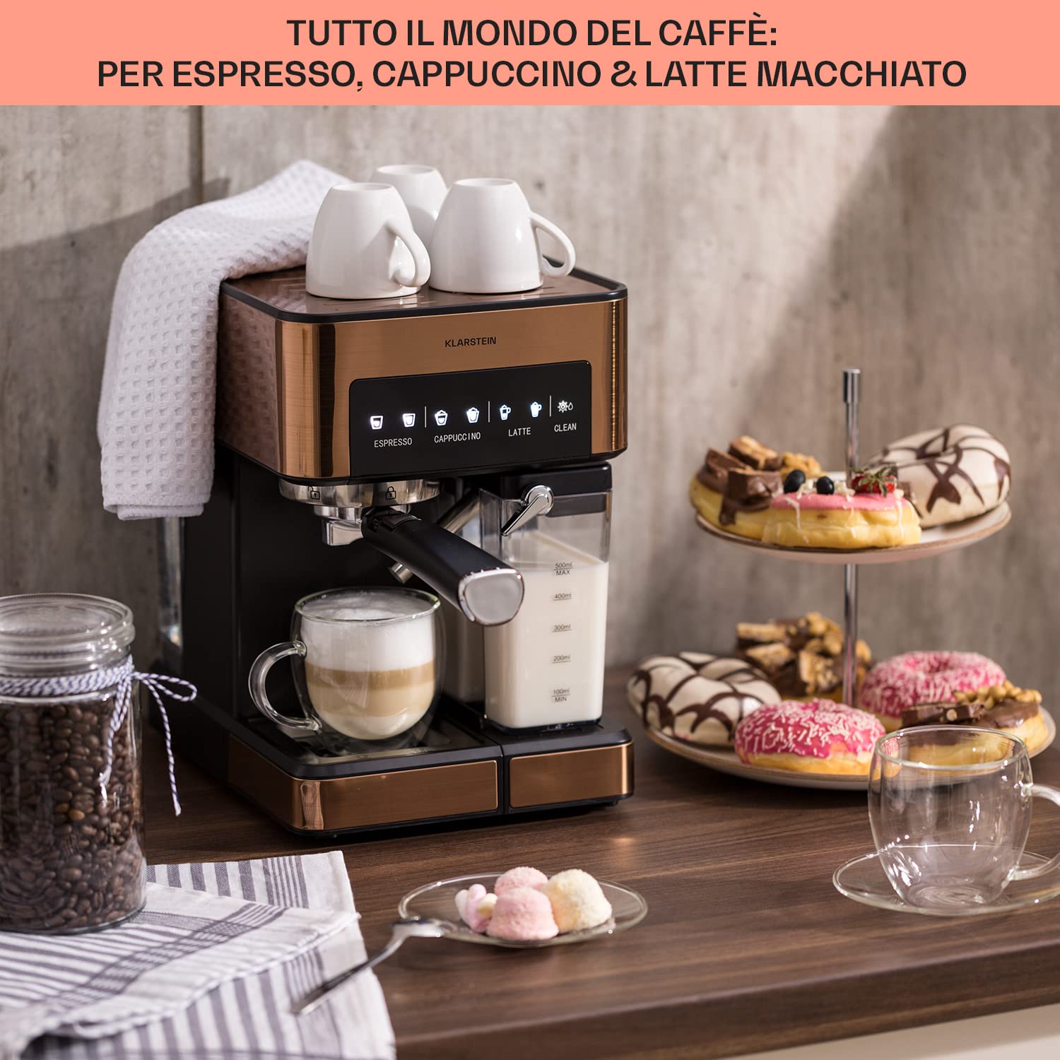 KLARSTEIN Macchinetta Caffe Espresso 1.8L, Macchina da Caffè Freddo, Caffè Macinato e Cappuccino, Macchina Caffe Barista da 20 Bar, In Acciao Inox per Latte e Macchiato, 1350W con Montalatte