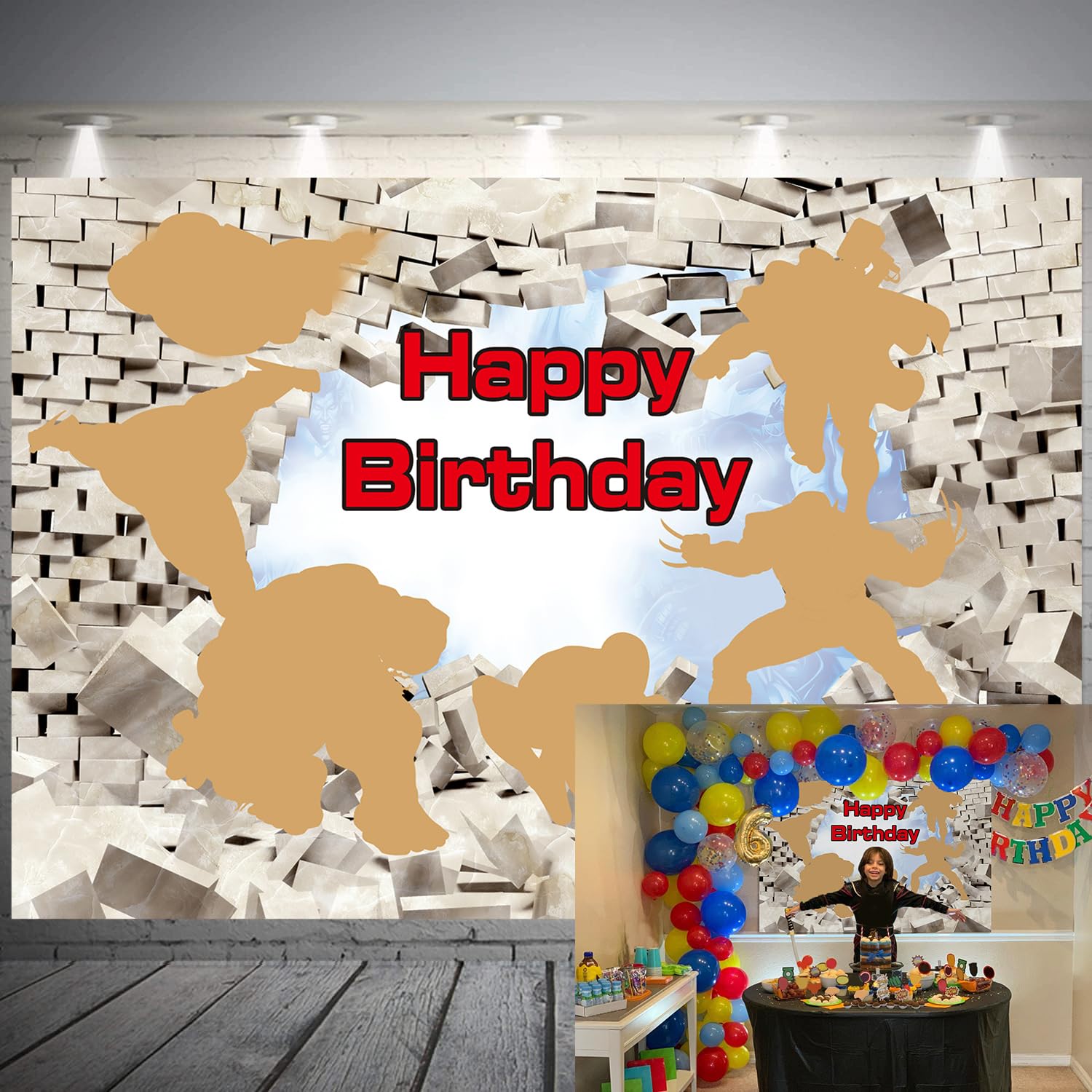 LXN Superhero Backdrop - White Brick Wall Photography Background for Boys Birthday Party Supplies - 7x5ft