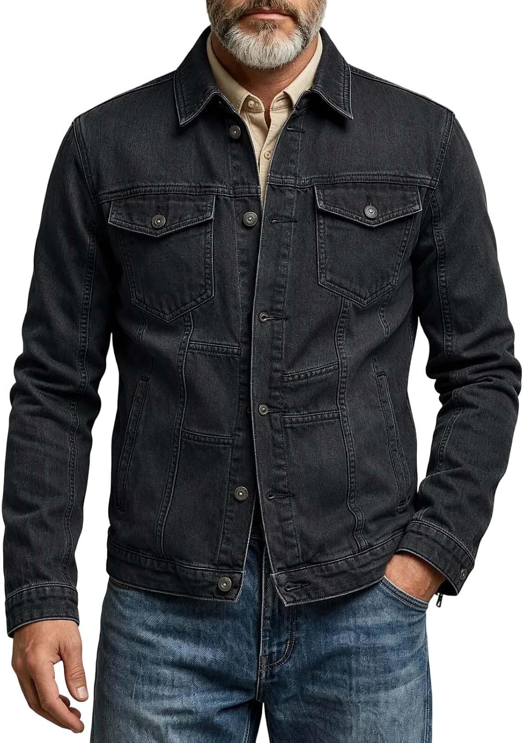 Men's Button Down Denim Jacket Collared Long Sleeve Trucker Coat