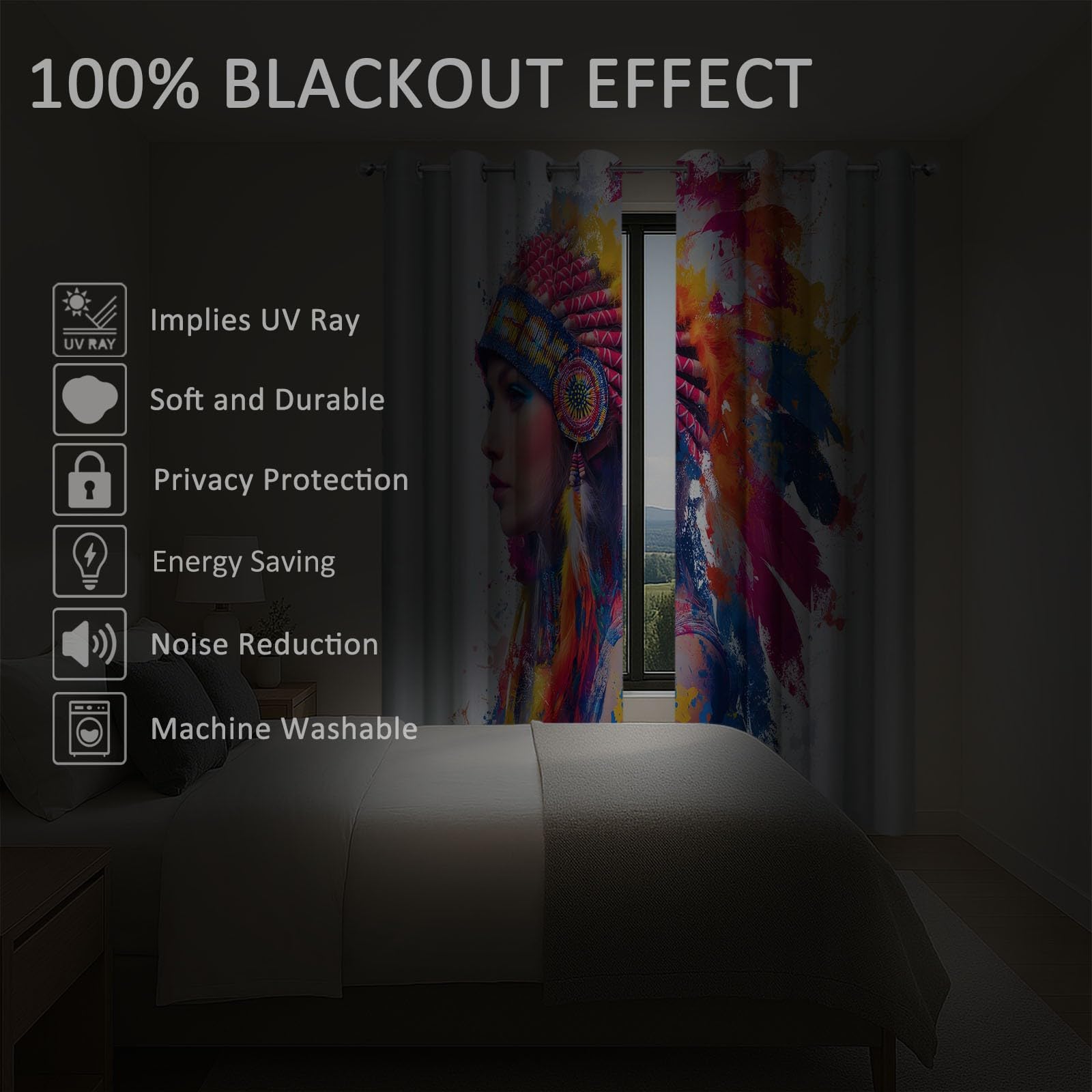 Generico Tende Interni Oscuranti Termiche Con Occhielli Boemia Set Di 2 - Tende Bella Donna Che Indossa Un Copricapo Di Piume Con Stampa Per Soggiorno Camera Da Letto, 140 X 260 Cm Multicolore