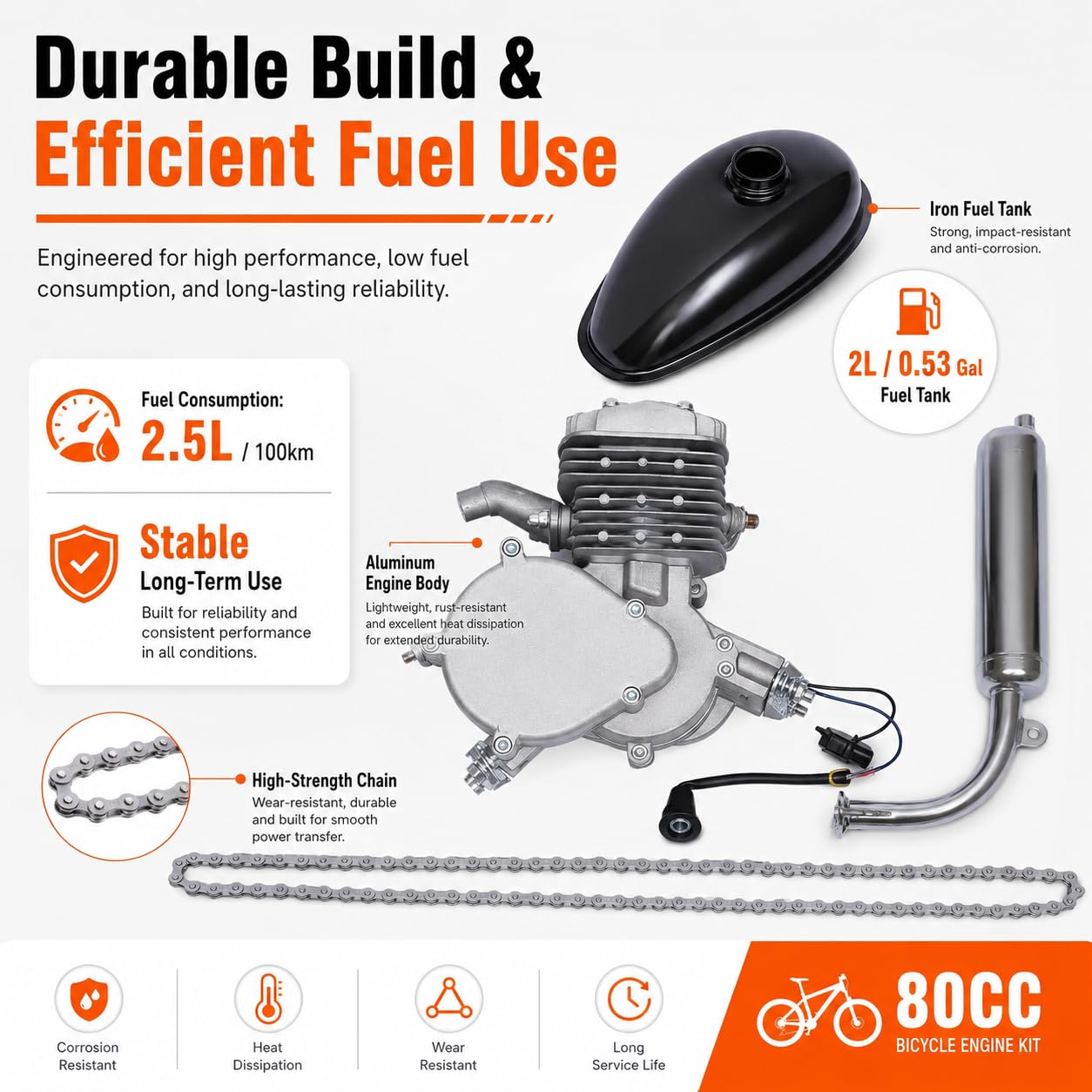 2 Temps Kit Moteur Velo,80CC Kit Moteur de Vélo,Capacité Charge Maximale180kg Silencieux 75dB,Convient à Vélos de Montagne de 26 ou 28 Pouces, Vélos de Route