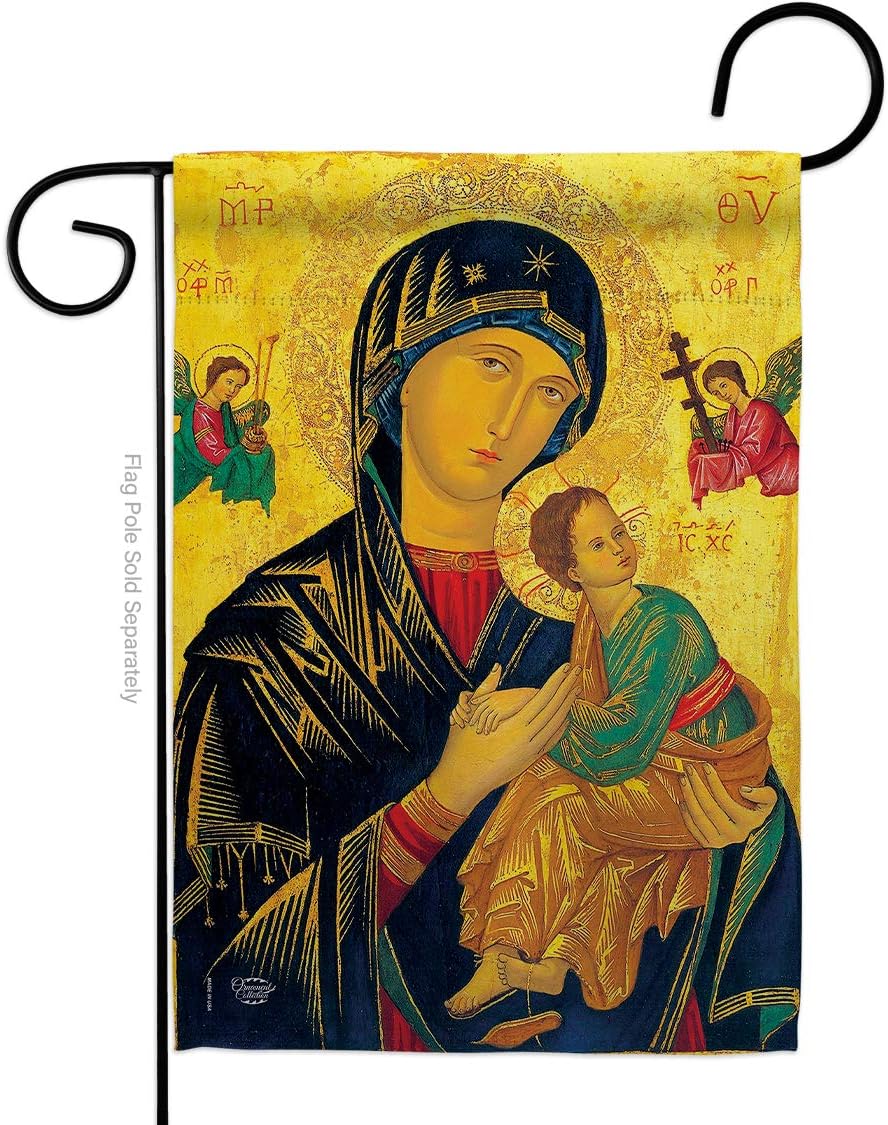 Our Lady of Perpetual Help Garden Flag Set Wall Holder Religious Faith Hope Grace Peace Dove Christian Religion Easter Small Decorative Gift Yard House Banner Made In USA 13 X 18.5