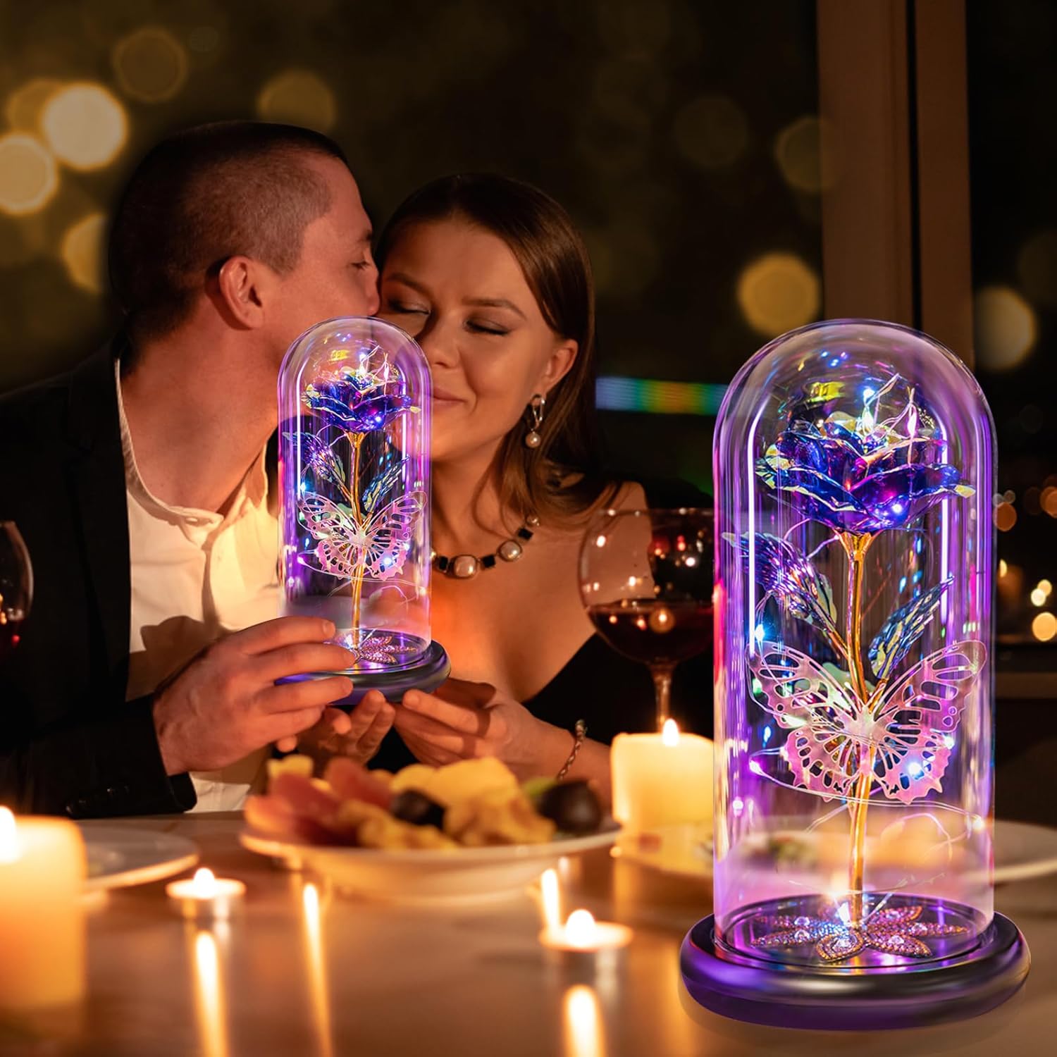Valentines Day Rose Gifts for Her Women Birthday Gift Galaxy Glass Rose Forever Eternal Crystal Flowers Roses in Glass Dome with Butterfly Valentine Gifts for Women Daughter Mom Wife Girlfriend Purple - Image 5