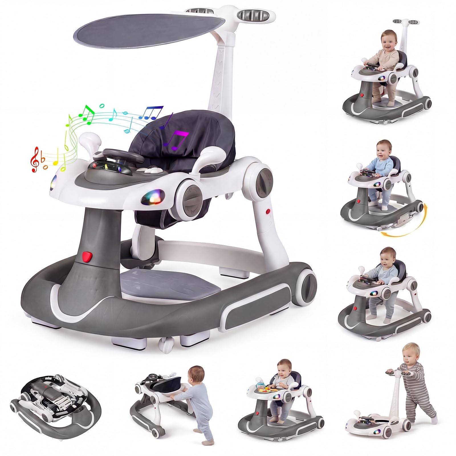 COSTWAY 7 in 1 Baby Walker, Portable Push Along Walkers (Grey)
