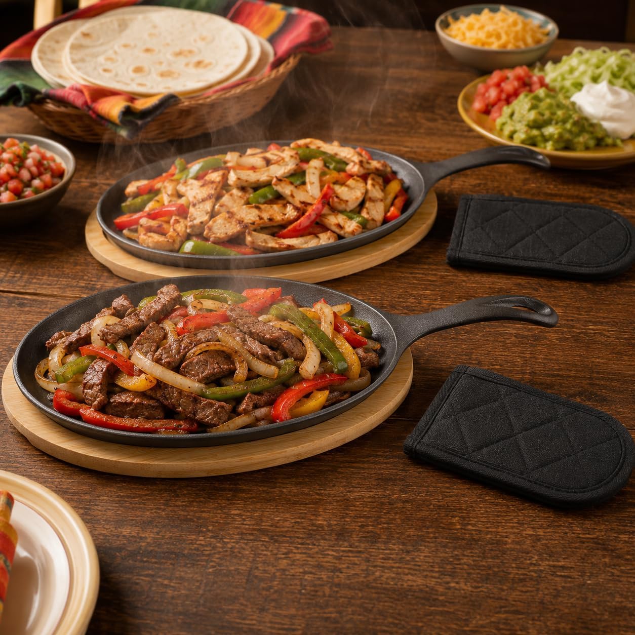 HAWOK Cast Iron Fajita Plate, 16.5''Lx7.09''W, with Bamboo Tray and Handle Holder, Pre-seasoned, Set of 4