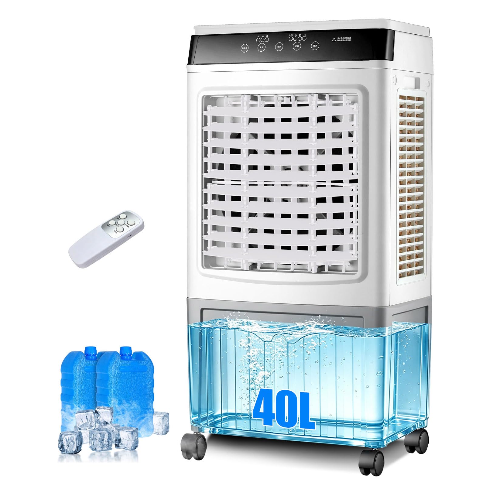 Portable Evaporative Air Cooler with 40L Water Tank, Air Cooling Fan with Remote Control, 7.5-Hour Timer, 2 Ice Packs, Swamp Cooler with Caster Wheels for Bedroom, Office, Home